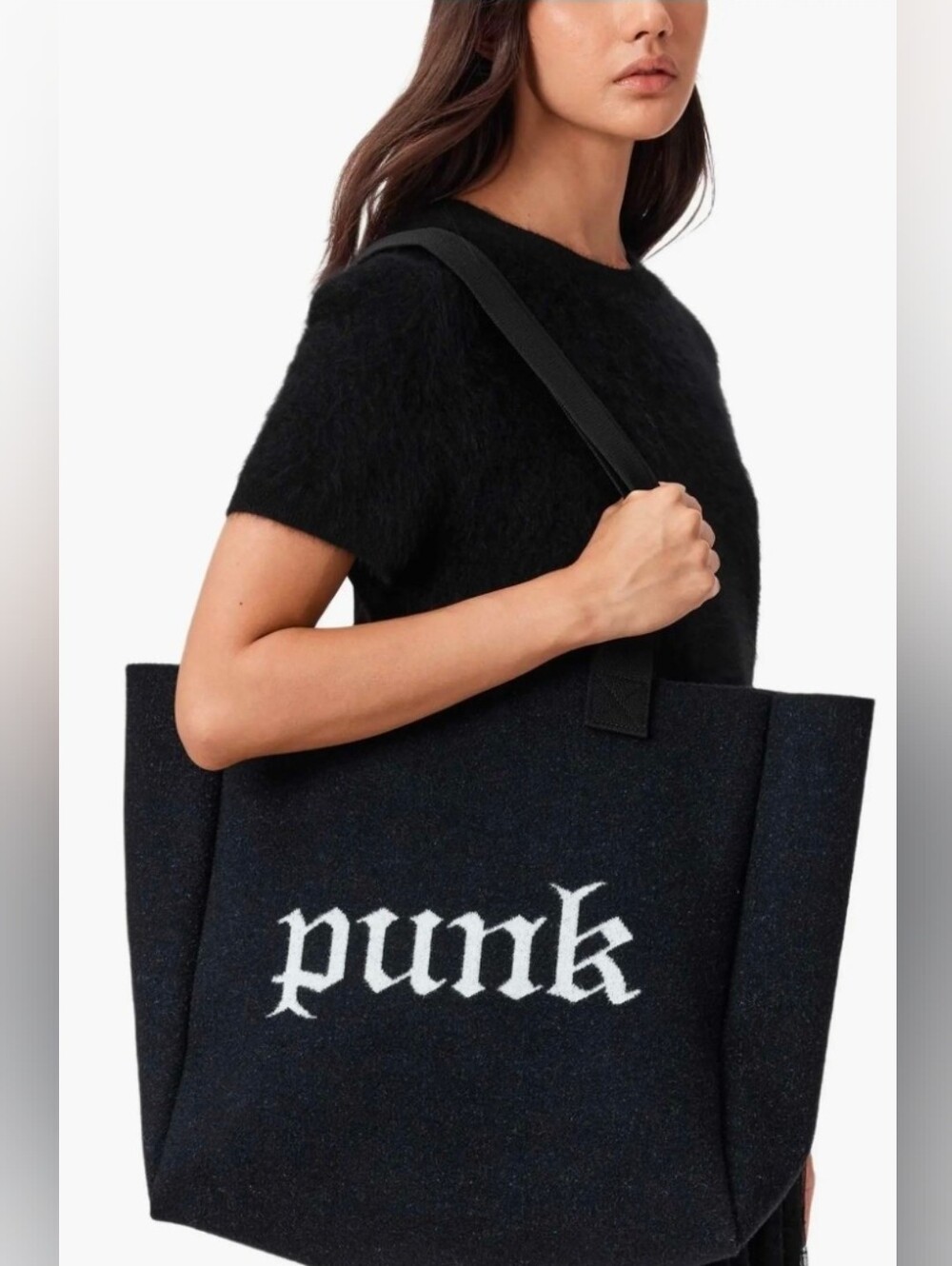AllSaints Izzy Black Tote Bag with White 'Punk' And 'Pretty' Graphic